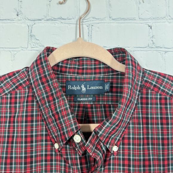 Ralph Lauren Christmas Shirt Men 17.5  34-35 Plaid Pony Red Green Classic Preppy - Picture 3 of 10